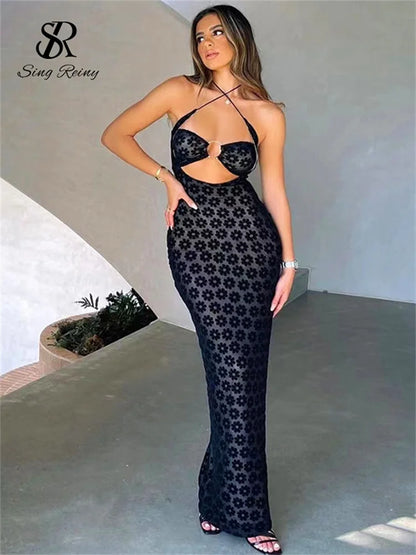 Strap Sexy Strand Langes Kleid Frauen Ärmelloses Aushöhlen Backless Sommerkleid 2023 Urlaub Sheer Beflockung Blumen Kleid Wanita