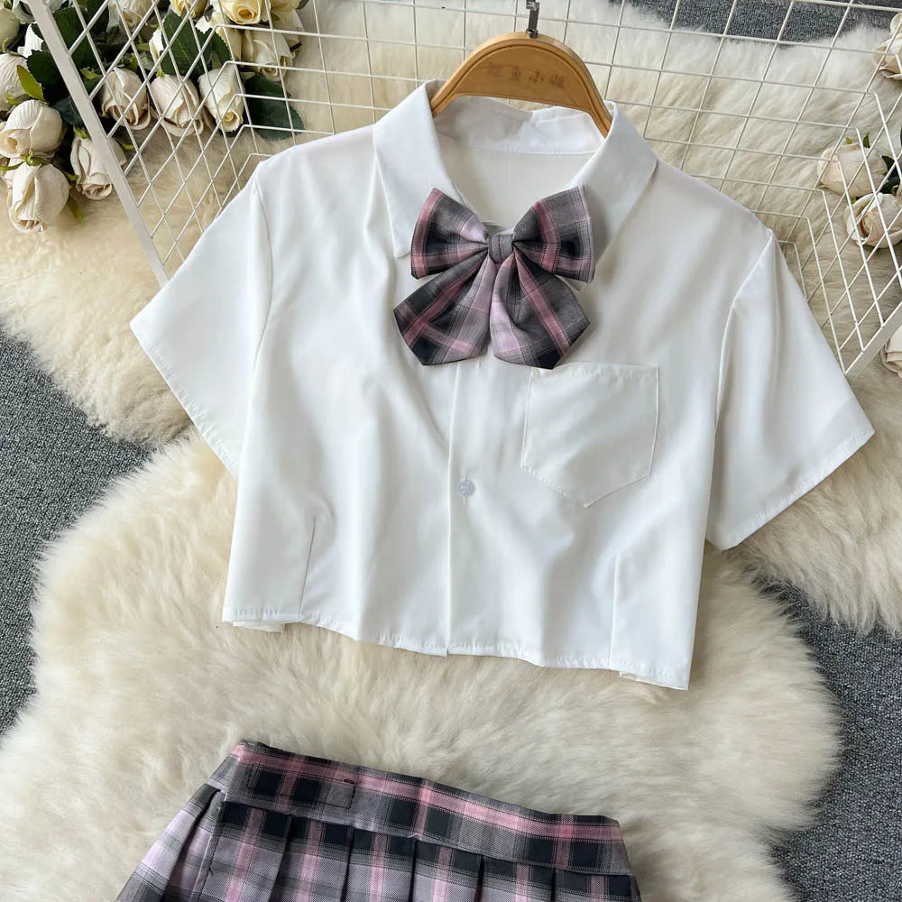 Cosplay   Outfit Women Lapel Neck Short Shirt+Plaid Mini Skirt+Thongs  2023 Preppy Style Sexy Nightwear Wanita