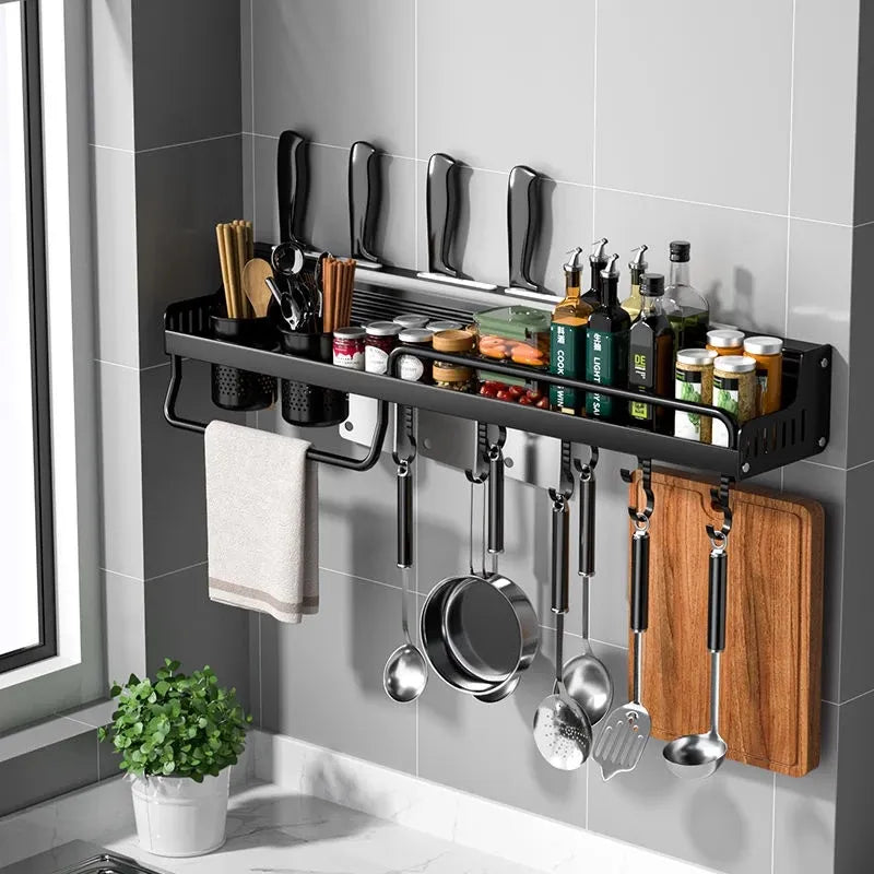 Kitchen Shelf Wall-mounted Spice Storage Racks Punch-free Kitchen Knife Holder Wall Season Bottle Chopstick Tube Shelf Organizer