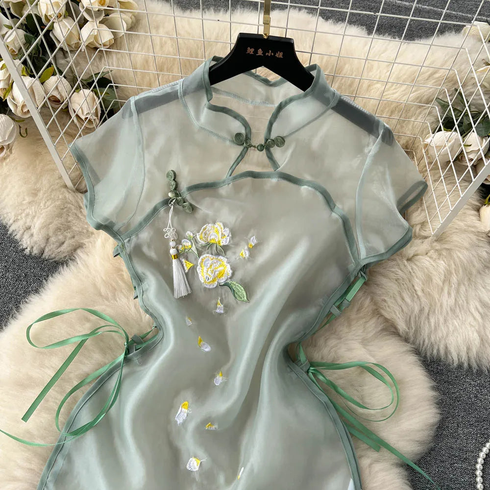 Transparent Mesh Sexy Nightdress Women Cheongsam Vintage Embroidery Sexy Dress+Thongs Sheer   Night Dress Wanita