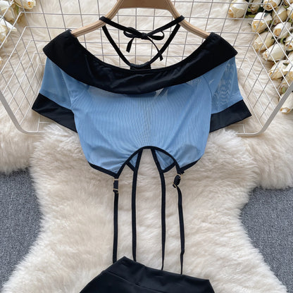 Conjuntos de uniformes sexys de estilo pijo para mujer, Top transparente con cuello de pico, minifalda con cordones y tangas, trajes de Cosplay calados Wanita 2023