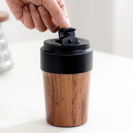 Taza de café portátil de grano de madera con tapas, vaso termo aislado al vacío para mantener el café, té, caliente, frío, revestimiento interior de cerámica