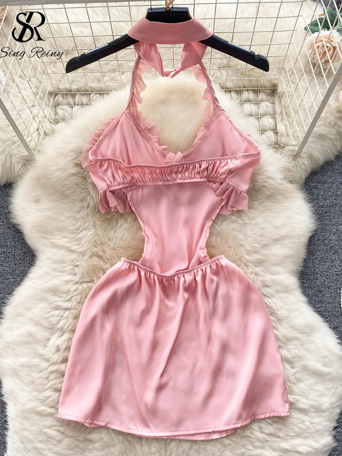 Mini vestido Halter con volantes sensual para mujer, camisón ajustado con espalda descubierta y abertura, ropa de dormir Sexy a la moda Wanita