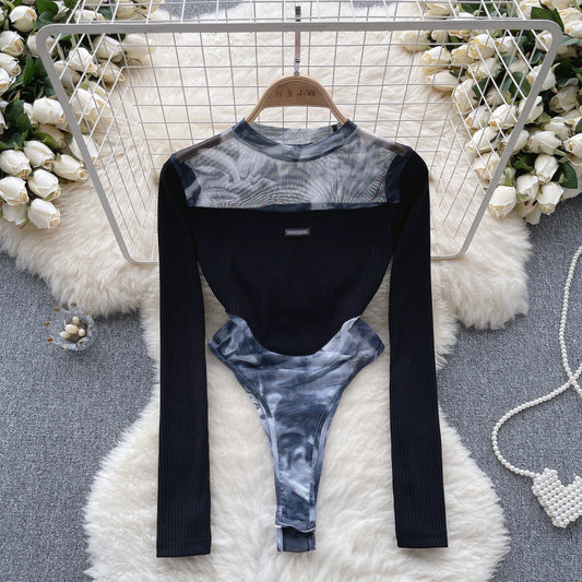 Wanita Fashion Sheer Print Bodysuits Ladies O Neck Long Sleeves Patchwork Slim Blouse 2023 Korean Tie Dye Y2K Sexy Playsuits