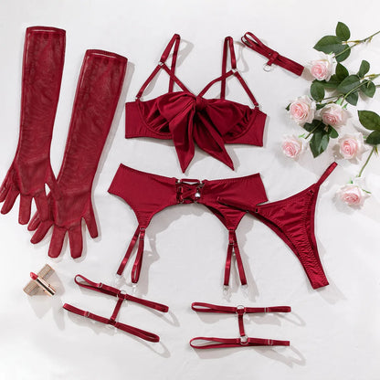 Bowknot Dessous Offener BH Seidenunterwäsche WIthaca Handschuhe Bilizna Set Sinnliche Intimstrumpfband-Tangas Sexy Outfits