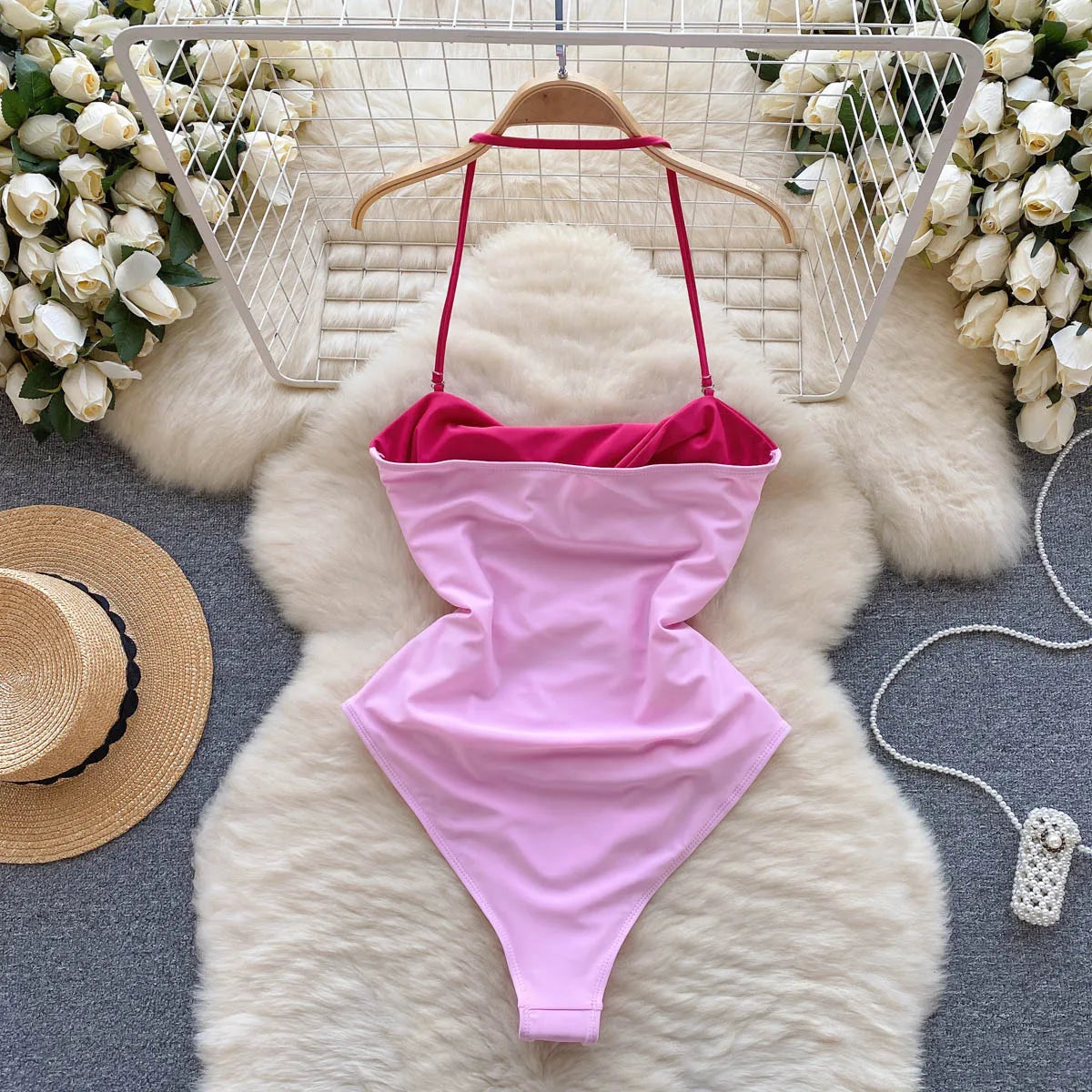 Sinnliche Bikini Badeanzüge Strampler Mode Halfter Ärmellose Patchwork Mantel Bodys Frauen Aushöhlen Sexy Playsuits Wanita