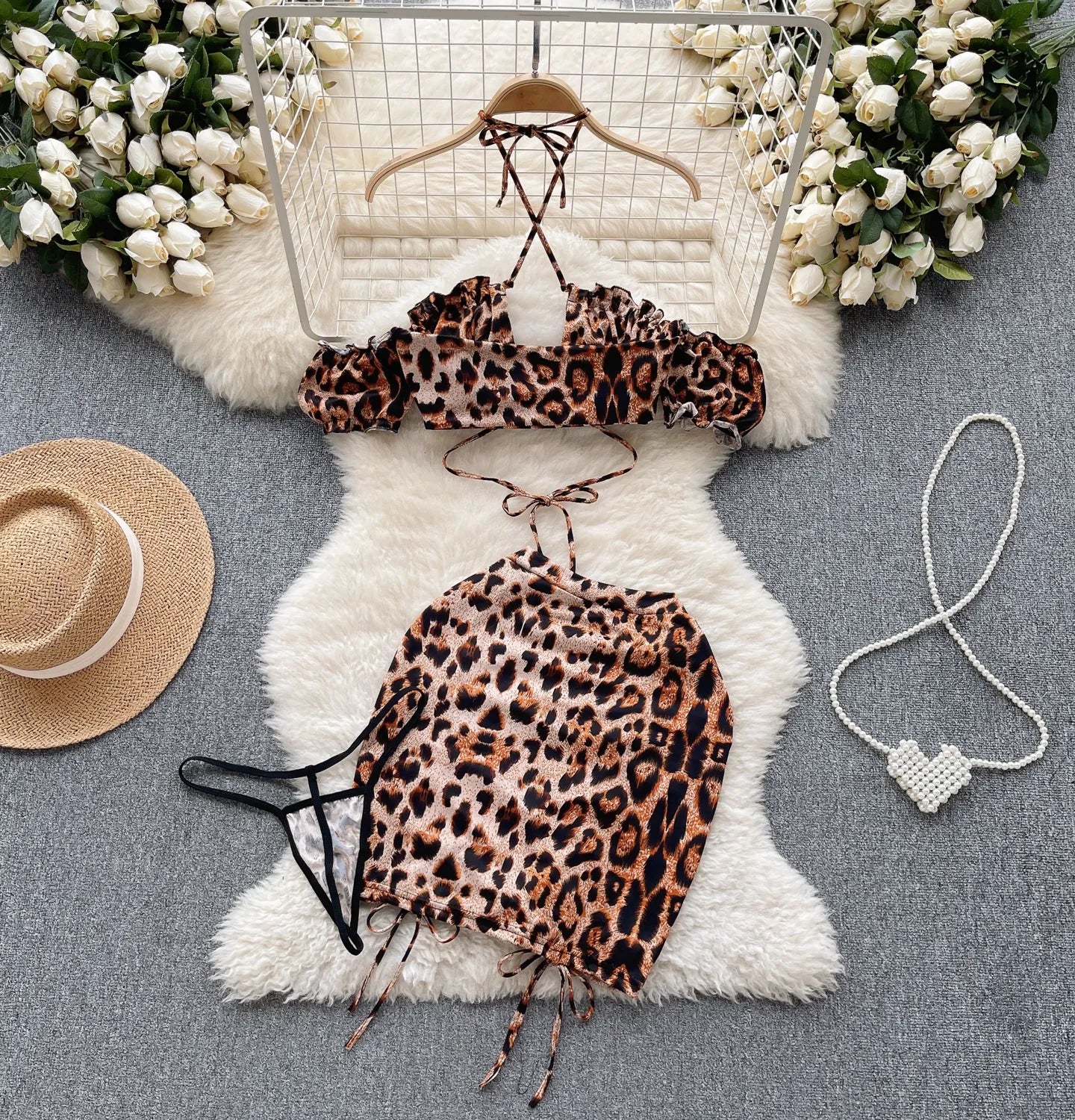 Leopard Print  Three Pieces Sets Women Off the Shoulder Mini Top+Drawstring Short Skirts+Thongs Sexy Night Suits Wanita