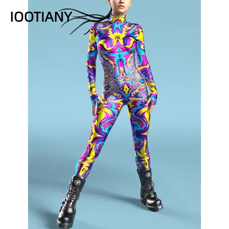 Disfraz con estampado de esqueleto multicolor para mujer, traje Zentai con cremallera frontal, monos para fiesta de Halloween, traje de espectáculo festivo y Carnaval