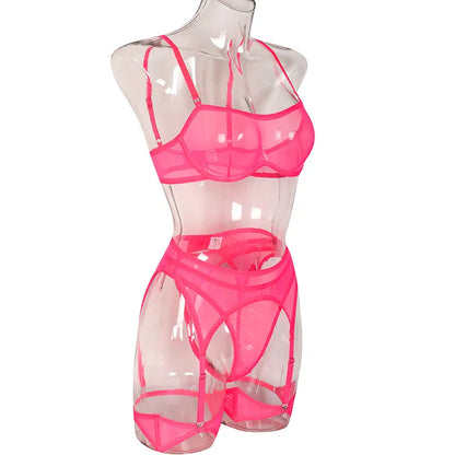 Ropa interior Sexy de 3 piezas para mujer, lencería transparente, conjunto de sujetador y bragas, ropa íntima de encaje, traje fino sin costuras