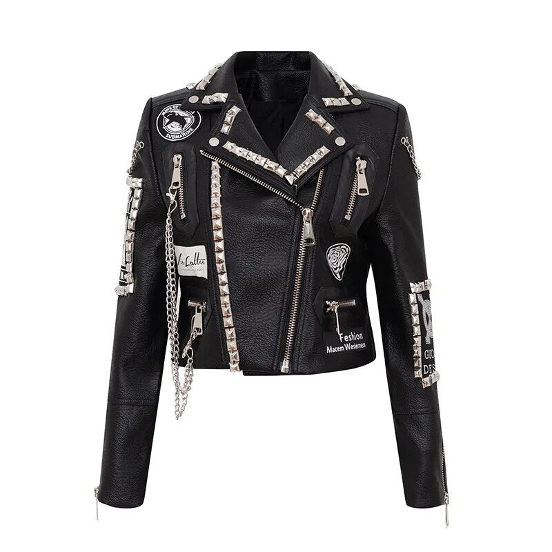 Primavera nuevo trabajo pesado abrigo con remaches abrigo de cuero corte corto motocicleta abrigo de cuero Mujer Punk Rock Pu chaqueta de cuero Abrigos Mujer