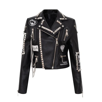 Primavera nuevo trabajo pesado abrigo con remaches abrigo de cuero corte corto motocicleta abrigo de cuero Mujer Punk Rock Pu chaqueta de cuero Abrigos Mujer