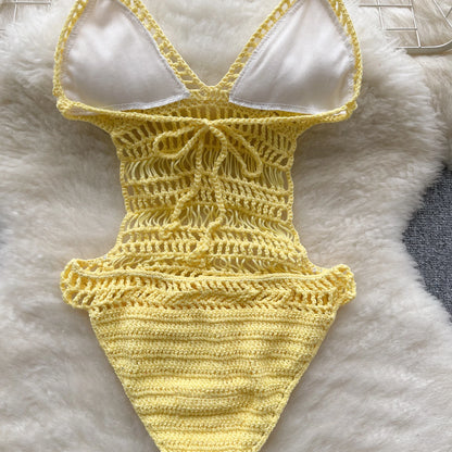 Wanita, aushöhlen, rückenfrei, sexy Bodys, modisch, Damen-Halter, Strand, gestrickt, Top, 2023, schiere Schnürung, Urlaub, schlanke Playsuits