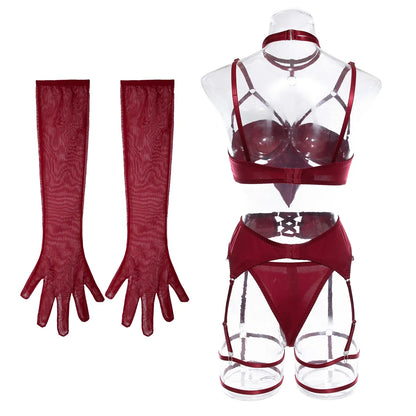 Bowknot Dessous Offener BH Seidenunterwäsche WIthaca Handschuhe Bilizna Set Sinnliche Intimstrumpfband-Tangas Sexy Outfits