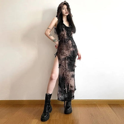 Wasteland Style Irregular Made Old Vintage Tie Dyed Hooded  Dress Women Summer Sleeveless Slim Fit Tassel Split Long Dress Trend