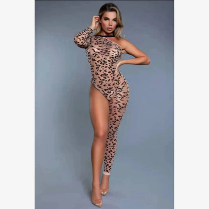 Traje de mujer leopardo Bodystocking ceñido al cuerpo una pierna una manga lencería Sexy 2023 Body Suit Lencería