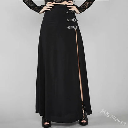 Mandylandy Women Medieval Cosplay Skirts Female Court-Style Sexy Gothic Punk High Split Belt Patchwork Long Skirts