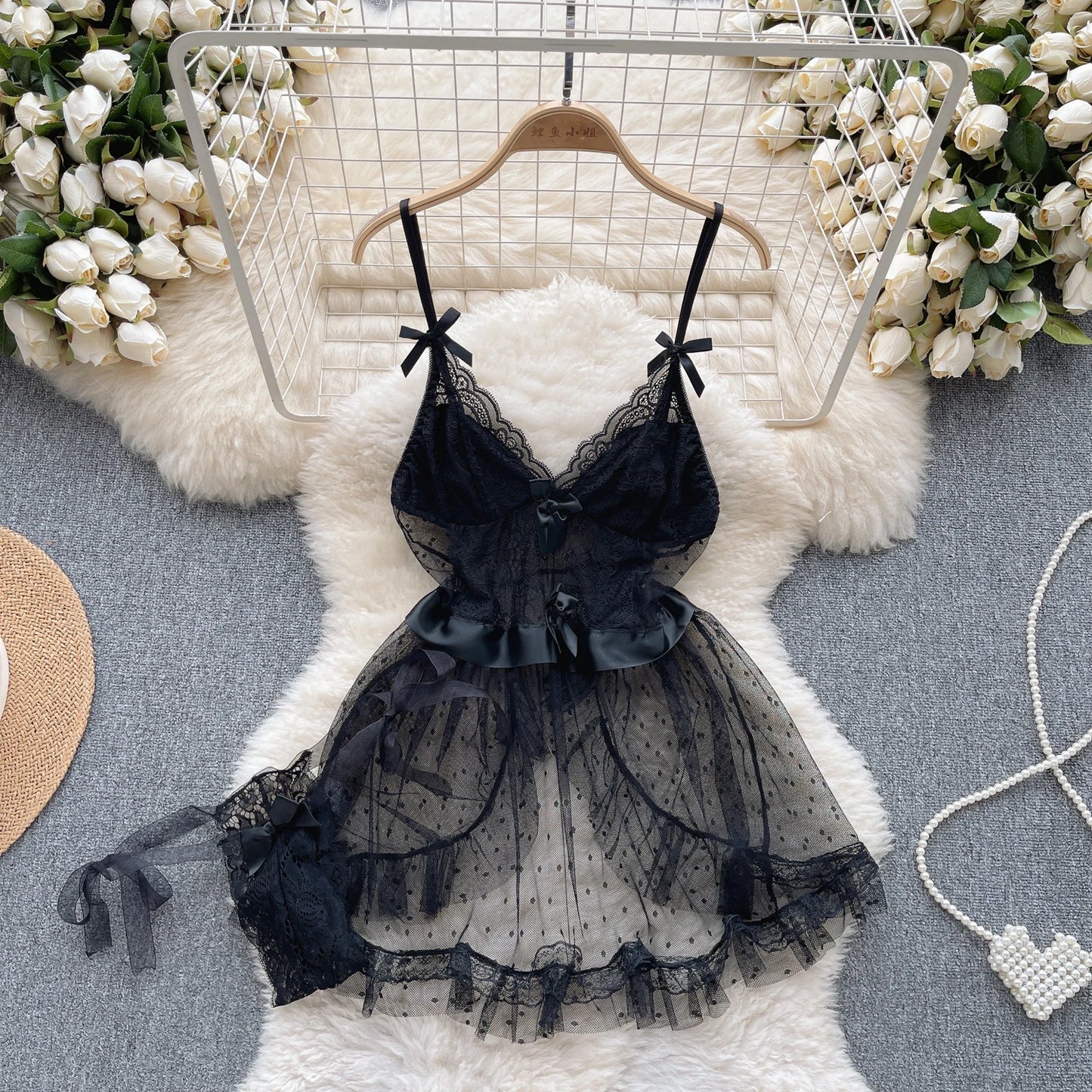 SINGREINY Spaghetti Strap Lace Mini Nightdress Women Bow Design Hotsweet Loose Dot Sheer Nightwear+Thongs Backless Sexy Dress Wanita