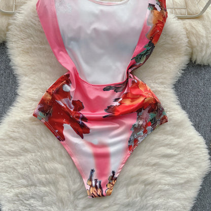 Body Sexy con estampado sin espalda para mujer, Bikini Sensual floral elástico sin mangas con tirantes, monos ajustados con entrepierna abierta Wanita