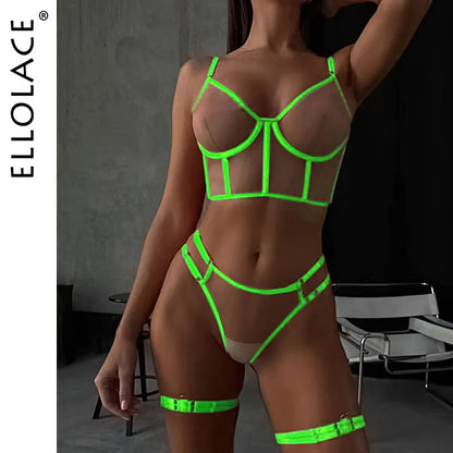 Lencería verde neón para mujeres desnudas, ropa interior sin censura que puede ver un conjunto de sujetador transparente desnudo Sexy íntimo