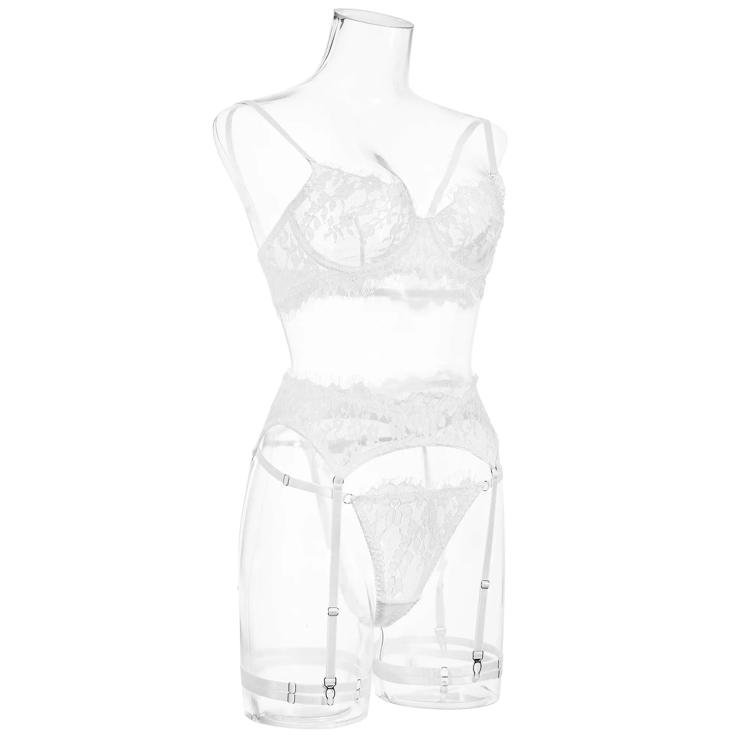 Feines Dessous-Set für Damen, Spitzen-Set, ausgefallene Unterwäsche, transparentes BH-Set für Damen, Blumen-Tanga, intimes Strumpfgürtel-Set