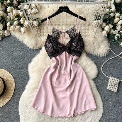 Strap Satin Sexy Nightdress Sleeveless Floral Lace Backless Pajamas Dress 2023 Ladie Patchwork  Mini Night Dress Wanita