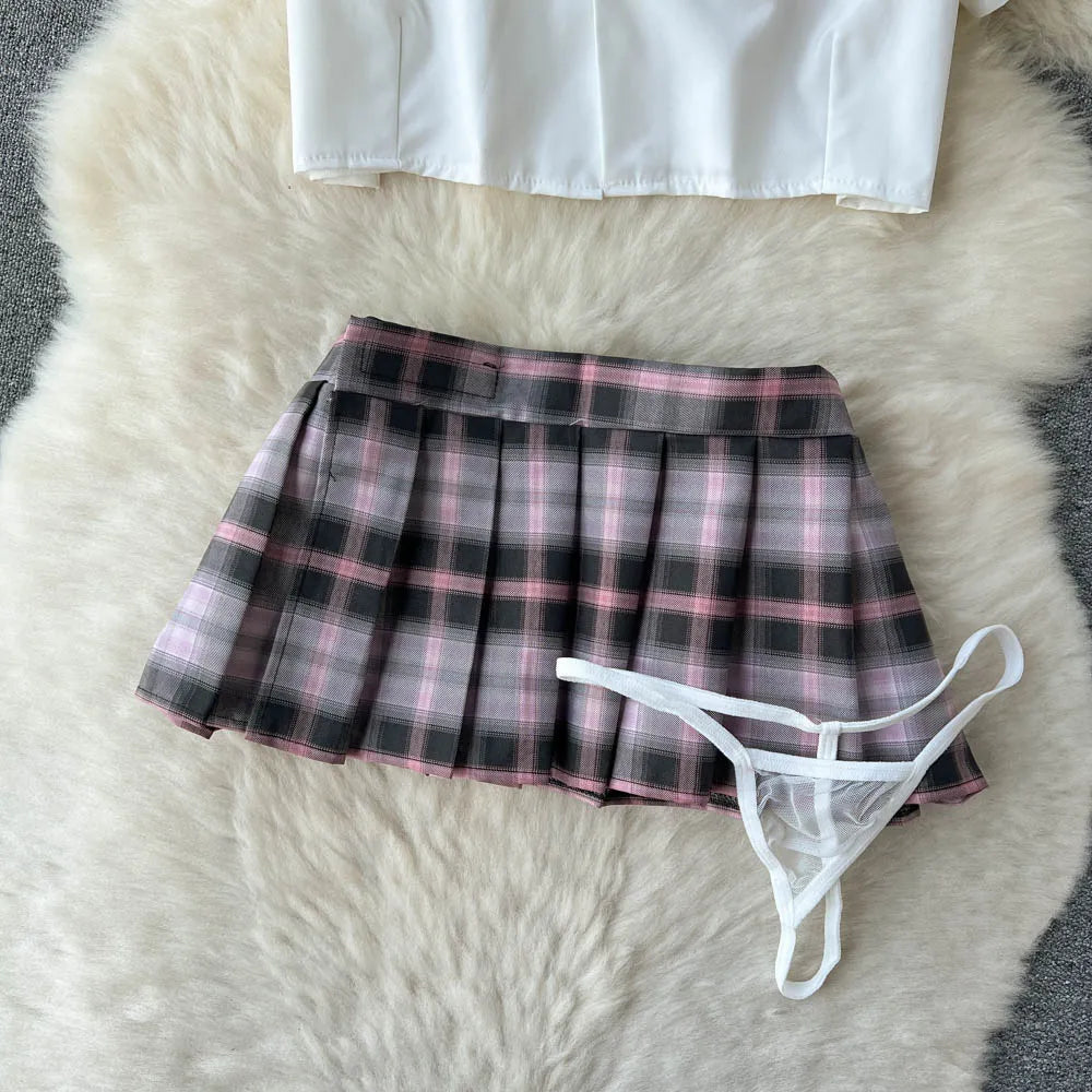 Cosplay Outfit Frauen Revers Hals Kurzes Hemd + Plaid Mini Rock + Tangas 2023 Adrette Sexy Nachtwäsche Wanita