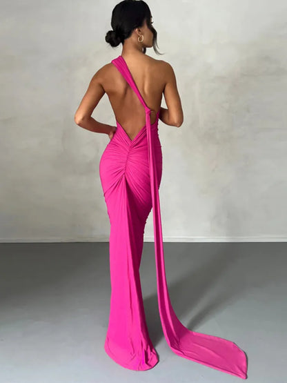 Mozision Schräge Schulter Backless Maxi Kleid Für Frauen Kleid Sommer Zurück Strap Ärmellose Geraffte Party Sexy Langes Kleid Vestidos