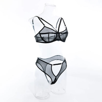 Conjunto de lencería de 2 piezas para mujer, conjunto de Bilizna de encaje transparente, conjunto de sujetador y bragas íntimos sexys de malla sin costuras, ropa interior transparente