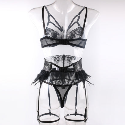 Sexy Lingerie Feathers Underwear  Sets with Garters Sensual Lace Underwire Bra Breves Set Short Skin Care Kits