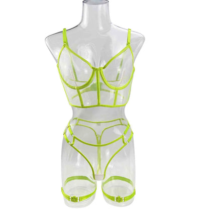 Ropa interior Sexy de neón para mujer, lencería femenina, disfraz Sexy, conjunto de sujetador transparente, encaje íntimo de 4 piezas