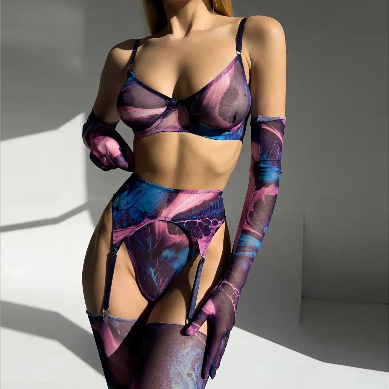 Lencería Tie Dye con guantes de media, ropa interior Sexy de lujo, traje Sensual de malla transparente íntimo sin censura de 5 piezas