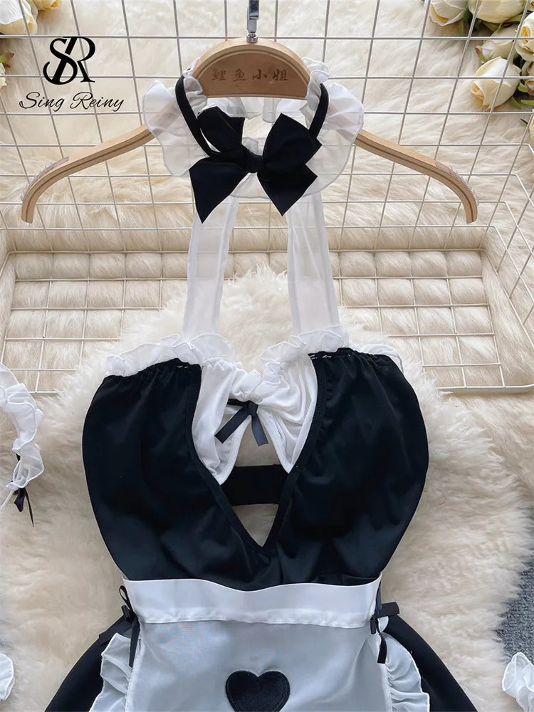 Japan Style Sweet Sexy Dress Suits 2023 Halter Hollow Out Nightwear+Thongs Maidservant Cosplay  Nightdress  Wanita