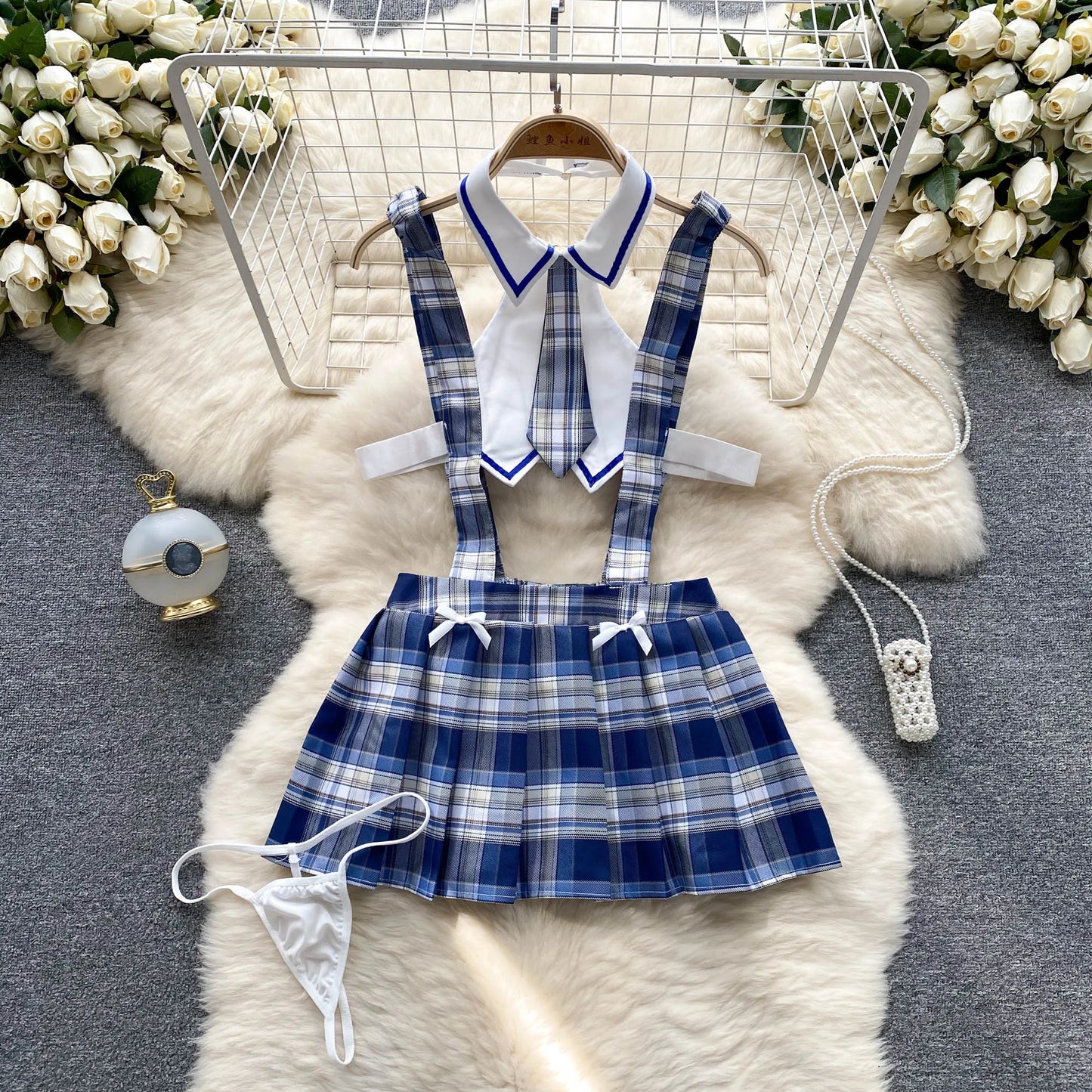 Preppy Style Cosply  Outfit Women Plaid Hollow Out Slim Sexy Nightdress Backless Pleated Hotsweet  Nightwear Wanita