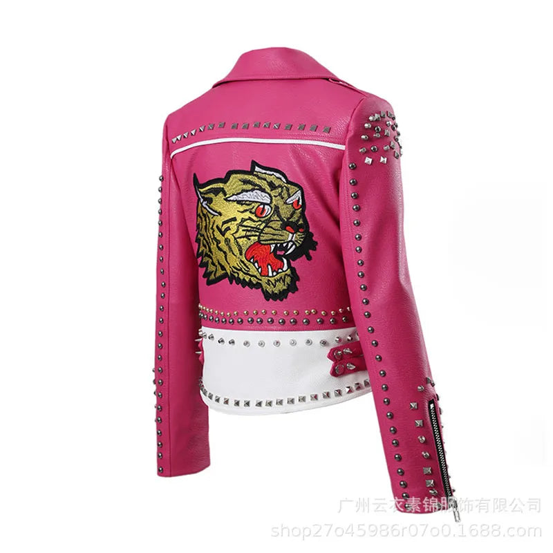 Spring and Autumn Pink Leather Jackets for Women ,Tiger Embroidered Faux Leather Moto PU Jacket and Coat With Rivets