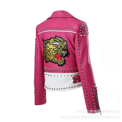 Frühlings- und Herbst-Rosa-Lederjacken für Damen, Tiger-bestickte Kunstleder-Moto-PU-Jacke und Mantel mit Nieten