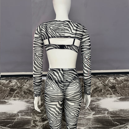 Zebra-Dessous für volles Crop-Top, enges Outfit, transparente transparente Spitze, nahtlose Intim-String-Slip-Sets