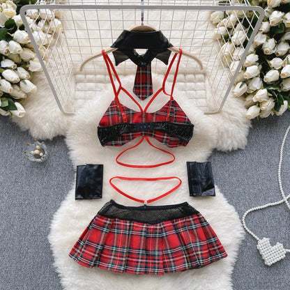 Plaid   Nightwear Two Pieces Set Women Backless Mini Camis+ Short Skirt Preppy Cosplay Sexy Underwear Suits Wanita