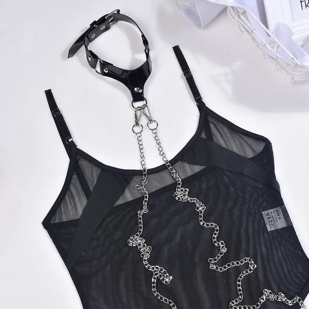 Bodysuit Dessous Transparenter Spitzenbody Einteiler mit Neckholder-Lederkette Sexy Netzstrumpfhose Top