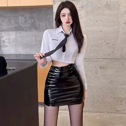 MOUKYUN Black Latex Leather Mini Skirt Women Sexy High Waist Bodycon Short Skirts Korean Ladies Office PU Skinny Pencil Skirts