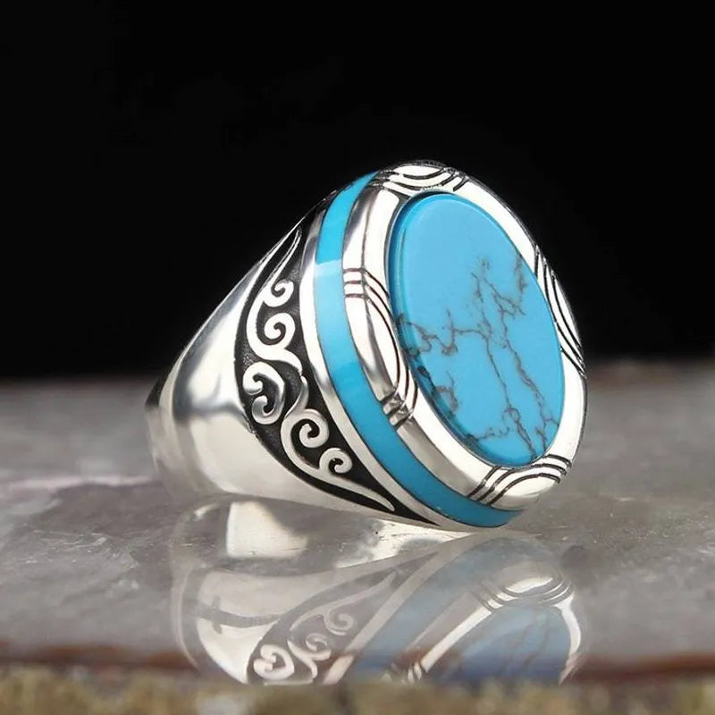 Personality Retro Punk European and American Turquoise Men's Ring