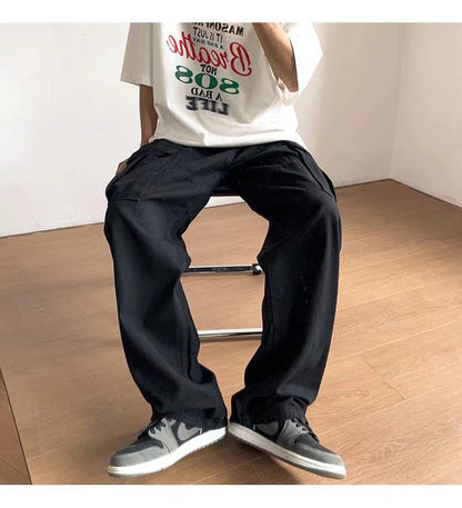 Straight Cargo Pants For Men Japanese Style Drawstring Casual Pants Men's Loose Trousers Fashion Camouflage Sweatpants Harajuku