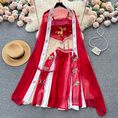 Chinese Style Embroidery Cosplay Nightsuits Ladies Sheer Camis+Long Skirt+Thongs Sexy Nightwear   Outfit Wanita