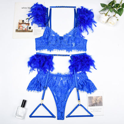 Lencería de plumas, ropa interior de lujo de encaje, conjuntos de sujetador y bragas transparentes de 5 piezas, Sissy íntimo sin costuras, Push Up Sensual