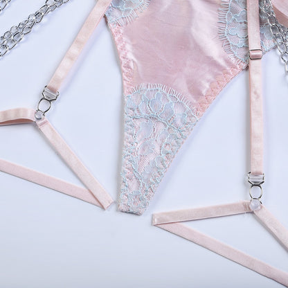 Lencería de plumas para mujer, ropa interior sin censura, sujetador de 18 tul con cadena transparente, trajes de liga de encaje delicados