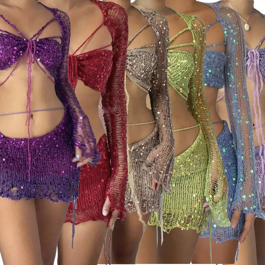 Vestidos de fiesta sexys con lentejuelas, suéter de punto, conjuntos de falda de 2 piezas, trajes para mujer, vestido transparente de manga larga acampanada