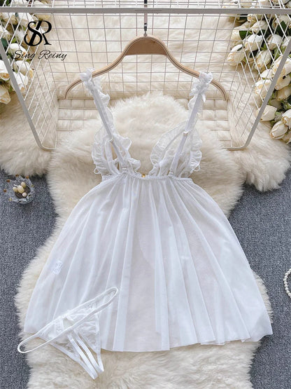 Strap   Nightdress Women Hollow Out Elastic Backless Short Sexy Dress Transparent Mesh Sensual Nightwear Wanita