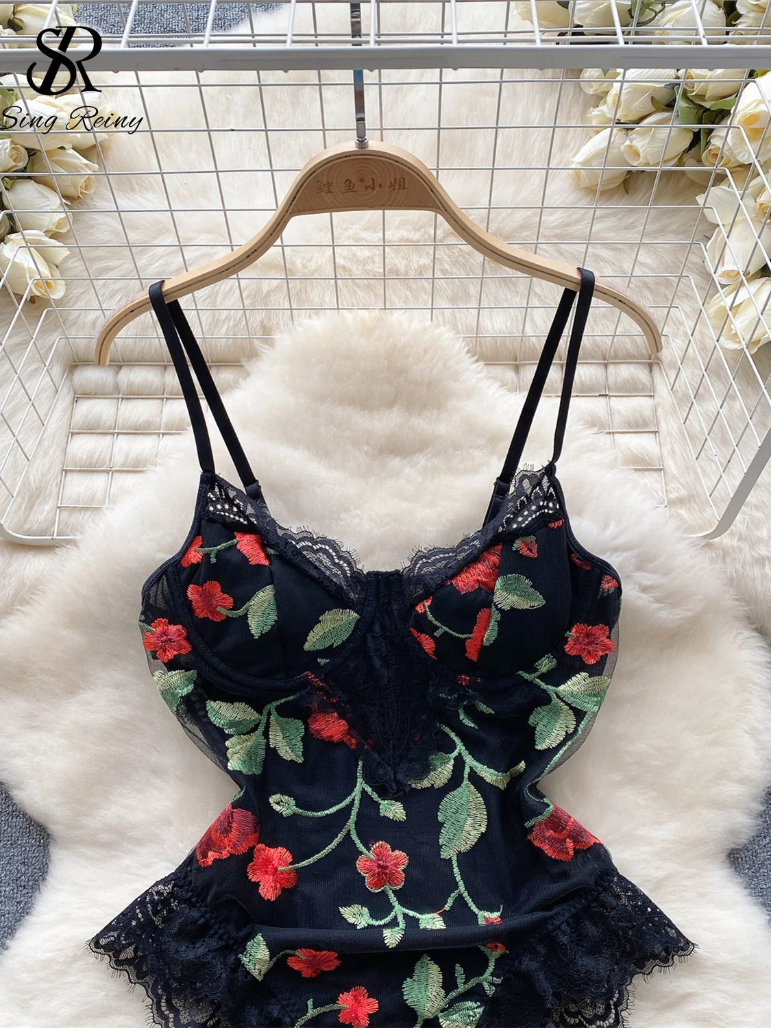 Senior Floral Lace Bodysuits Women Spaghetti Strap Embroidery Slim Sexy Rompers Fashion Mesh Sheer Sensual Playsuits Wanita