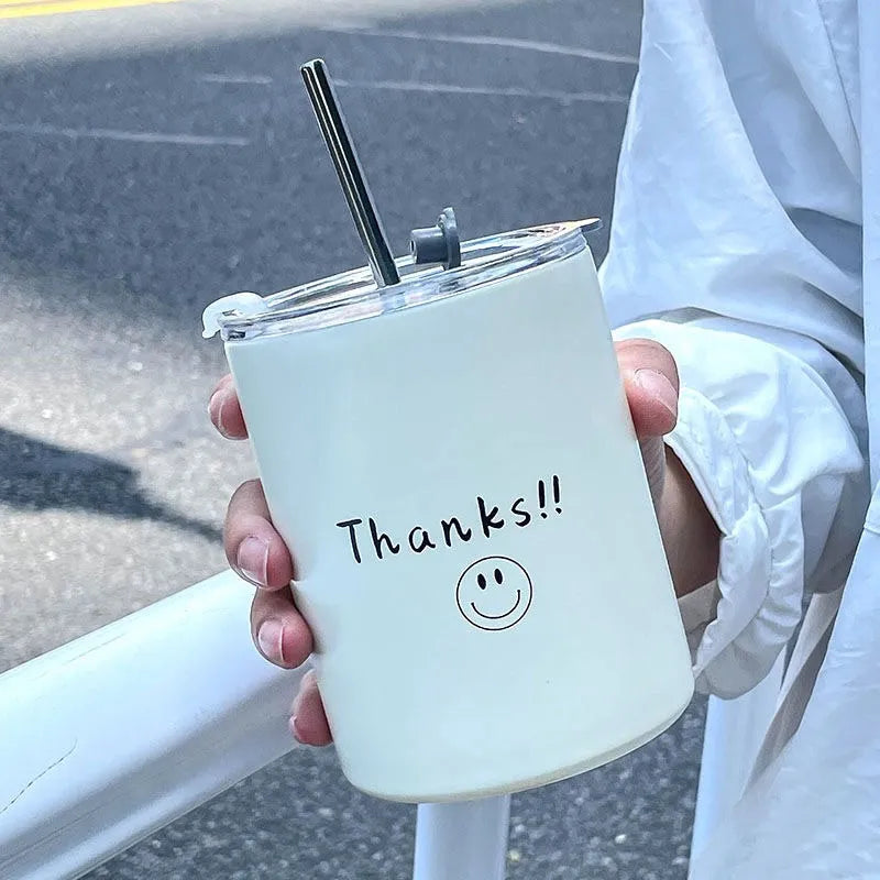 Ins Coffee Cup Thermoses Stainless Steel Water Bottle Straw Cup Ice American Coffee Mug Double-layer Vacuum Flask Couple Cup