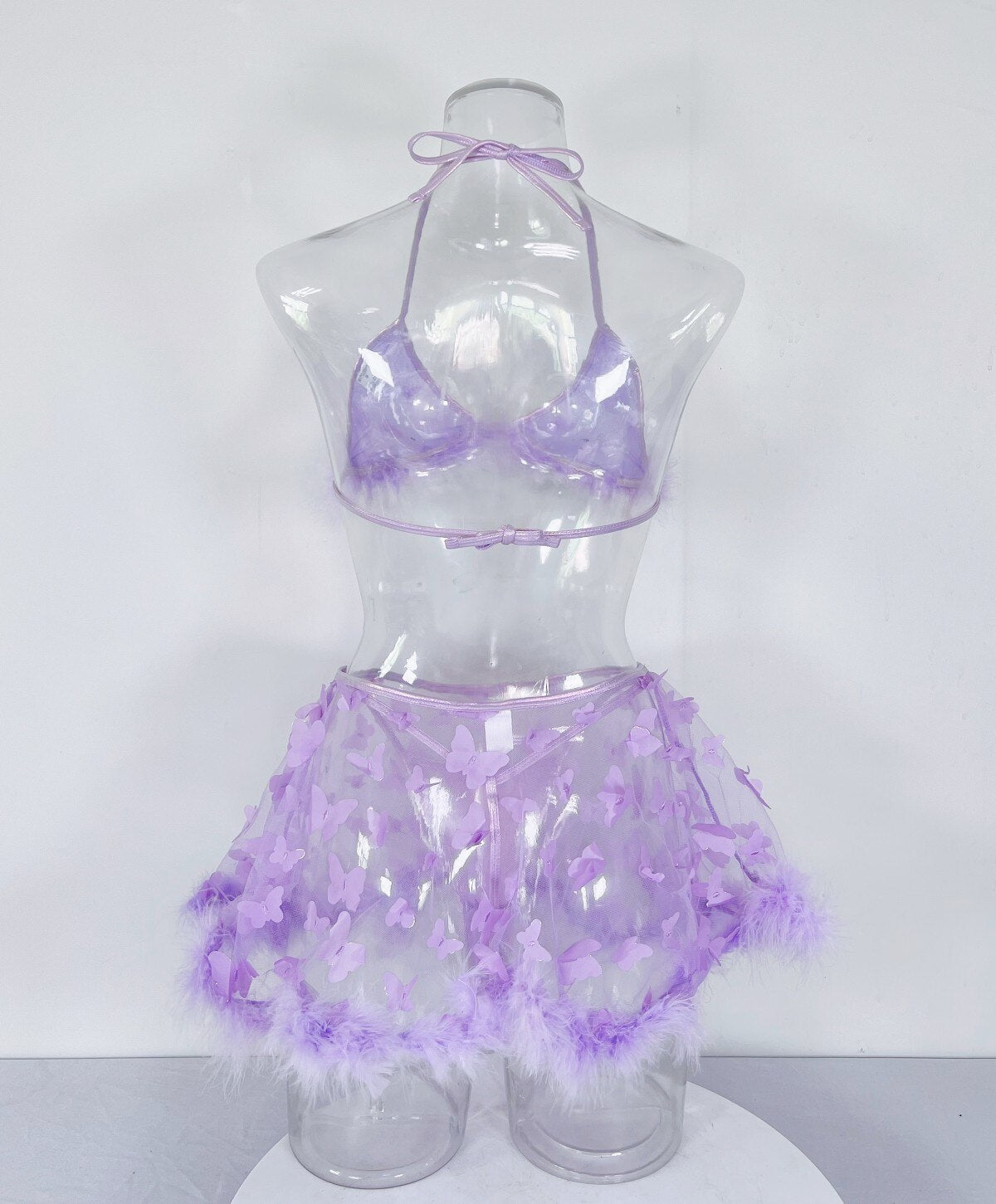 Lencería de plumas, ropa interior de mariposa para mujer, transparente, Sexy, sin sensación, tangas morados, 3 piezas, encaje elegante íntimo