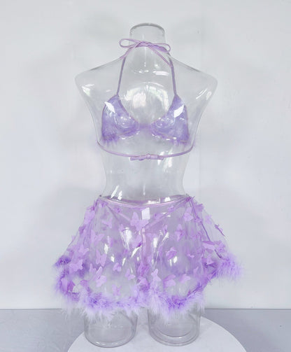 Lencería de plumas, ropa interior de mariposa para mujer, transparente, Sexy, sin sensación, tangas morados, 3 piezas, encaje elegante íntimo